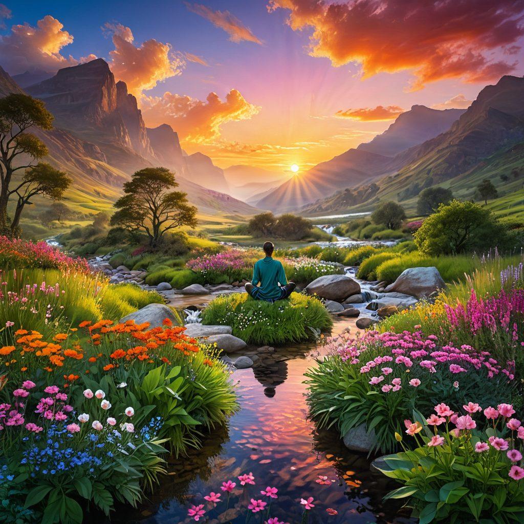 An enchanting landscape showcasing a vibrant sun rising over a lush, green valley filled with colorful flowers. A person meditating in the foreground, surrounded by a gentle stream of light symbolizing energy and tranquility. The sky is painted with radiant hues of orange and pink, reflecting the warmth of a content life. Illustrate a sense of peace and vitality in this scene. super-realistic. vibrant colors. serene atmosphere.