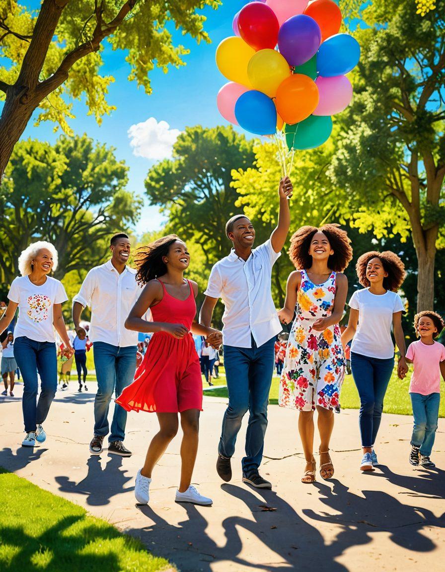 A vibrant scene featuring diverse people of various ages joyfully engaging in playful activities like dancing, painting, and playing games in a sunny park. Include elements like colorful balloons, flowers, and laughter that convey a sense of happiness and attraction. Emphasize warmth and connection between individuals, with glowing smiles and an inviting atmosphere. bright colors. 3D.