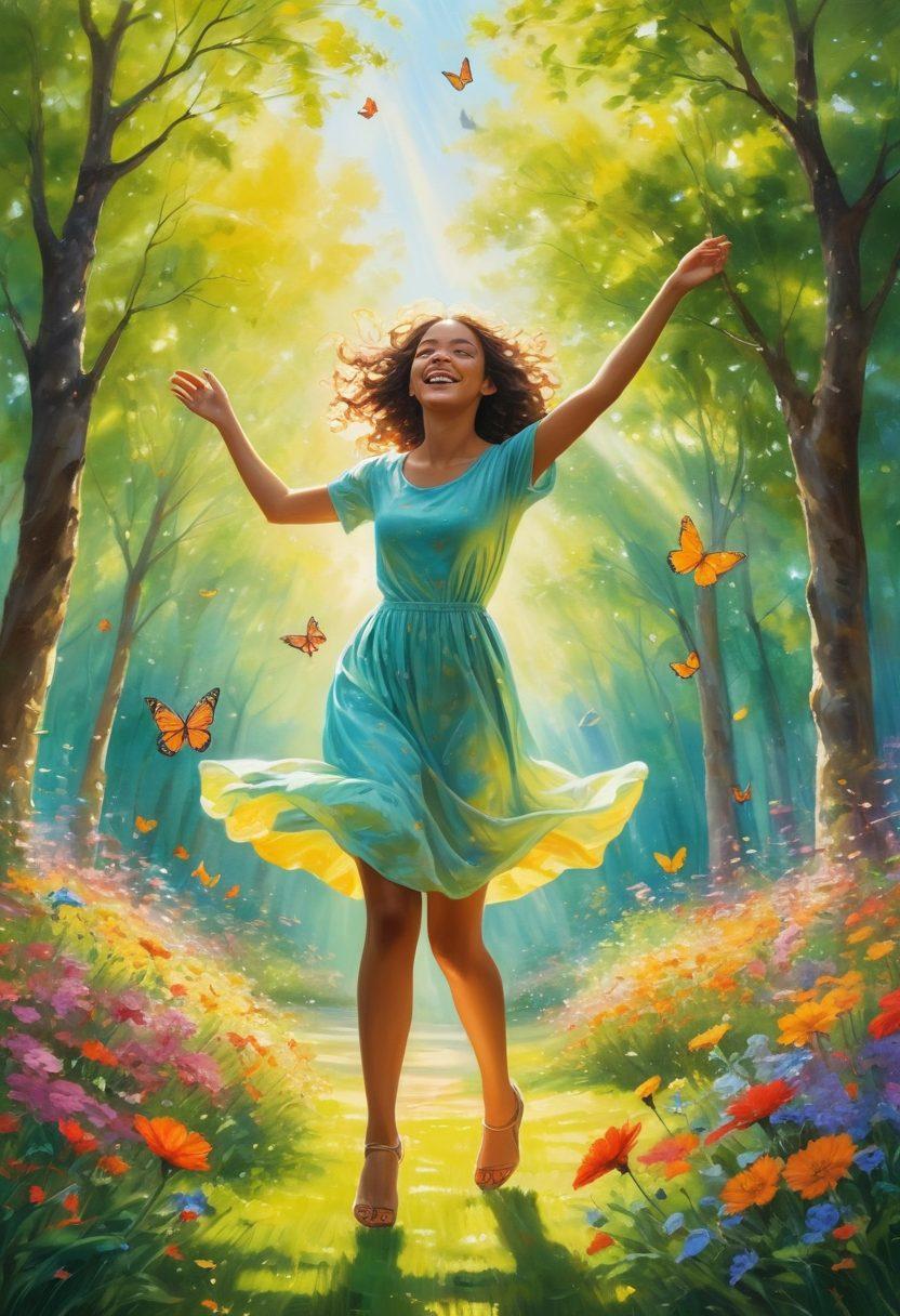 A joyful young person radiating happiness, surrounded by vibrant nature, symbolizing youth and vitality. Illustrated with playful colors, butterflies fluttering around, and a glowing aura. Infuse elements of carefree experiences like dancing or laughing with friends. The background can be a sunny park filled with flowers and trees, representing a lively atmosphere. vibrant colors. painting.